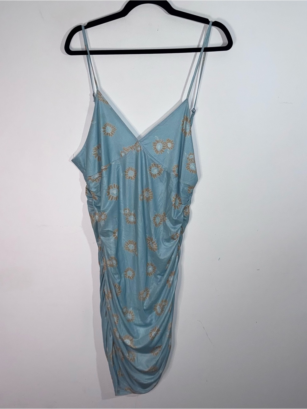 BP. Sunflower Floral Ruched Midi Dress Blue Tan Size XL